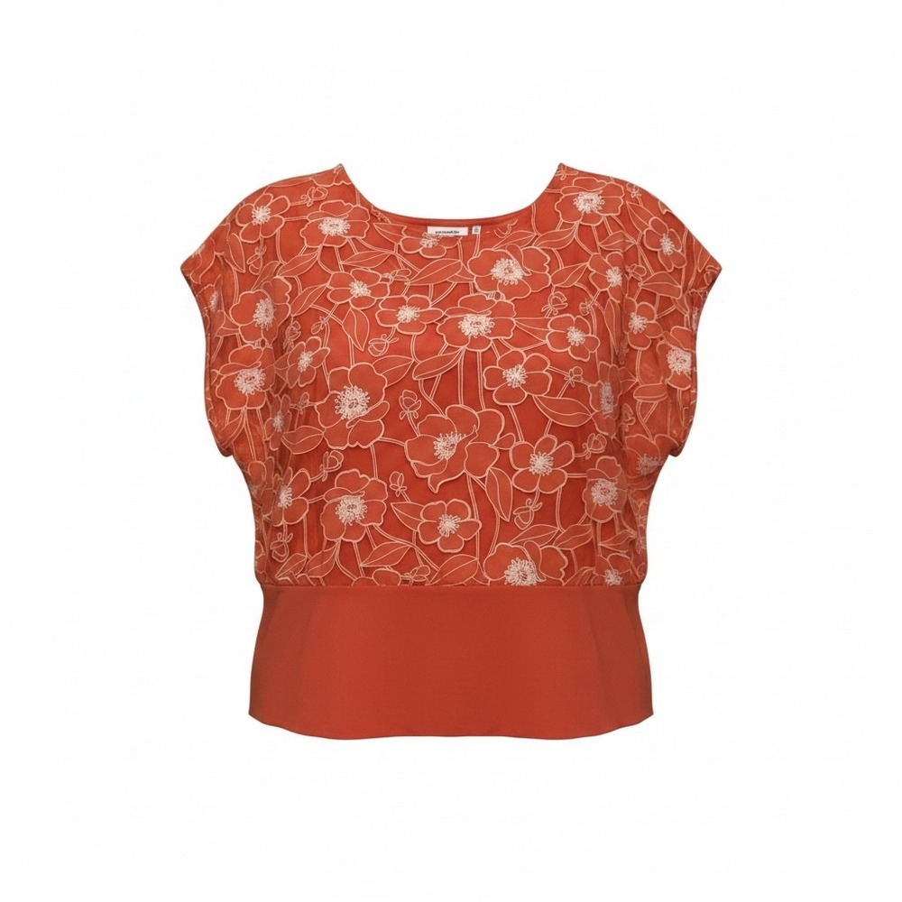 Chicos Burnout Floral Blouse Coral Orange Sheer Overlay with Tank Blouse Size XL